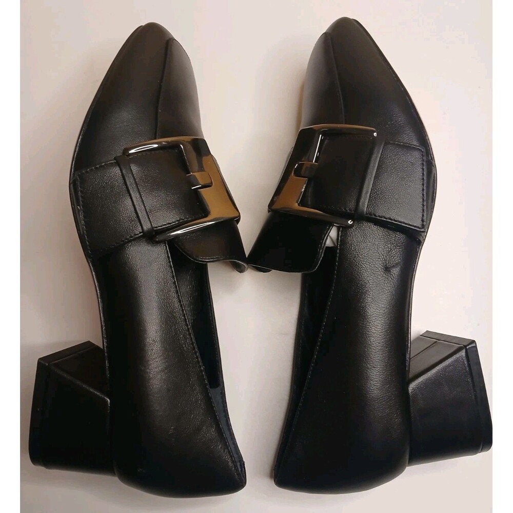 Deltan Sz 7 Veronica Black Leather Metal Buckle Flared Block Heel Pumps